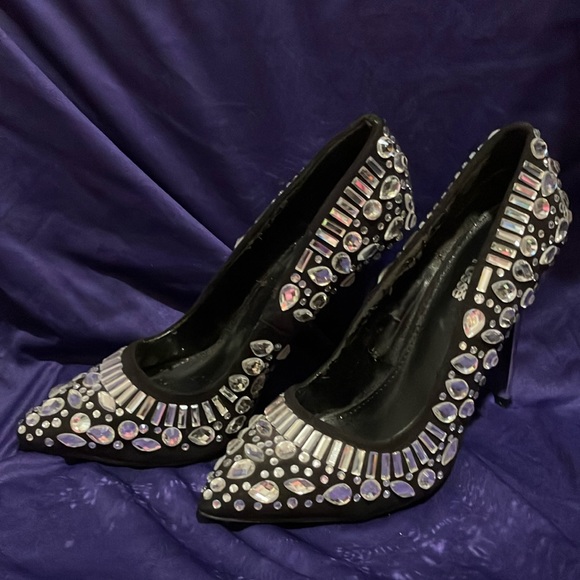 Black suede heels with silver rhinestones - Picture 1 of 4